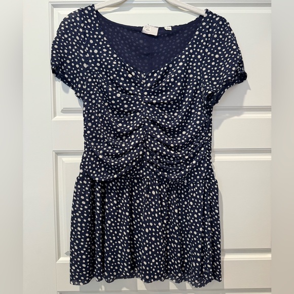 Anthropologie Tops - Anthropologie M Navy/Cream Polka Dot Blouse